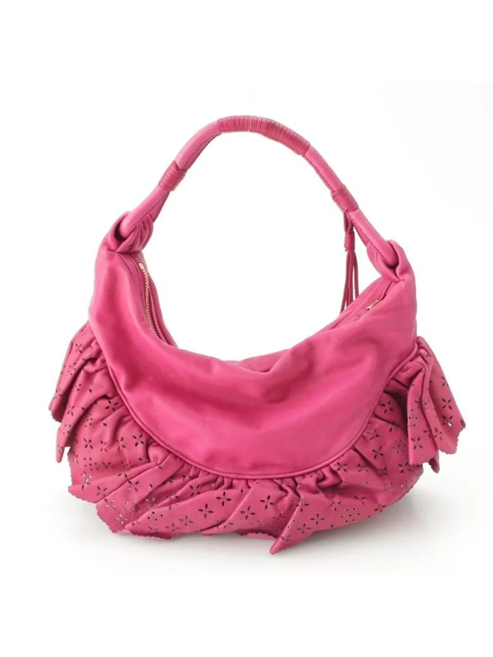 Dior Gypsy Leather Ruffle Hobo Shoulder Handbag Fuchsia Pink